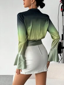 SHEIN Privé Ombre Flounce Sleeve Knot Side Blouse - Green - View 2