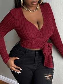 Slaydiva Plus Surplice Neck Knot Side Crop Tee - Red - View 4