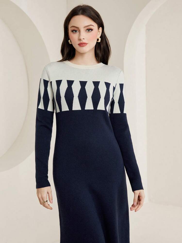 Geo Pattern Colorblock Sweater Dress