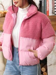 SHEIN EZwear Teddy Panel Zip Up Padded Coat - Hot Pink - View 4