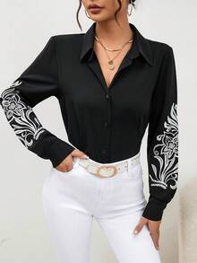 SHEIN Privé Floral Embroidery Button Front Shirt - Black - View 5