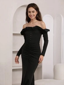 SHEIN Privé Off Shoulder Ruffle Trim Ruched Mermaid Hem Dress