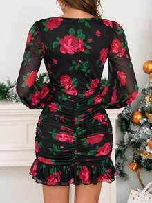 SHEIN Privé Vestido con estampado floral de manga farol fruncido bajo con fruncido - Multicolor - Ver 2