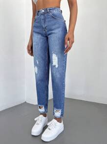 SHEIN Cottnline High Waist Ripped Mom Fit Jeans - 藍色 - 查看 5
