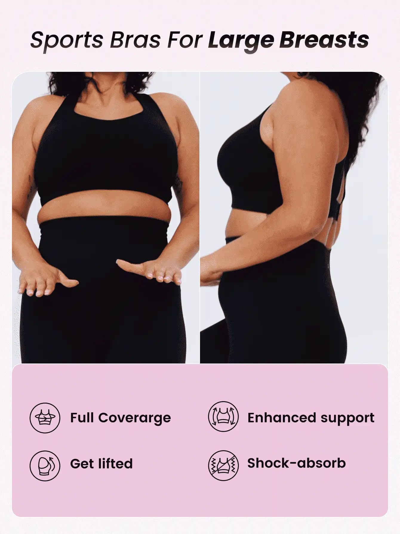 GLOWMODE Plus Medium Support Black Convertible Wide Adjustable Strap Full Coverage Sports Bra Yoga Plus Size Sports Bra