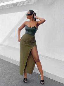 SHEIN SXY Falda Midi Plisada De Color Sólido Para Mujer Con Abertura De Raja Alta En El Dobladillo - Verde militar - Ver 5