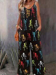 SHEIN LUNE Plus Skeleton Print Cami Jumpsuit - Multicolor - View 3