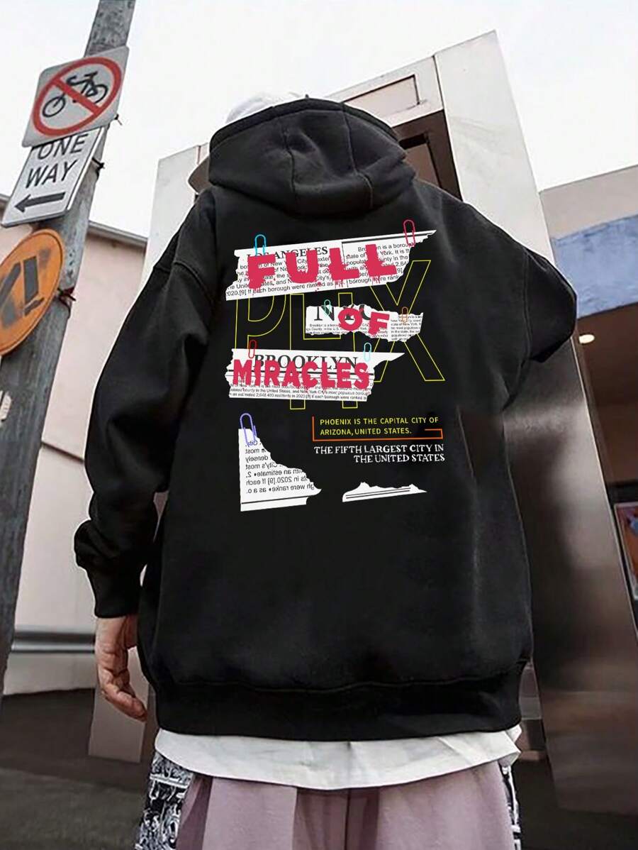 Manfinity Roghcode Men Plus Slogan Graphic Drawstring Hoodie - Black - View 1