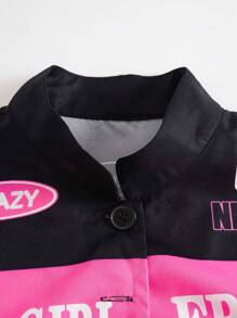 SHEIN Unity Cazadora crop con estampado de letra de color combinado - Rosa - Ver 3