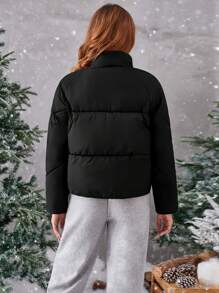 SHEIN Essnce Plain Color Casual Padded Coat With Stand Collar, Winter - Black - View 2
