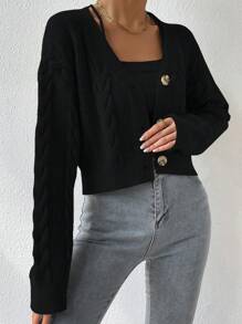 SHEIN Unity Cárdigan tejido de cable de hombros caídos & Top tejido de tirantes - Negro - Ver 3