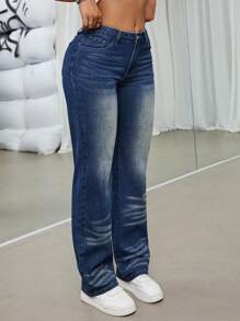 SHEIN ICON Drop Waist Straight Leg Jeans - Dark Wash - View 3