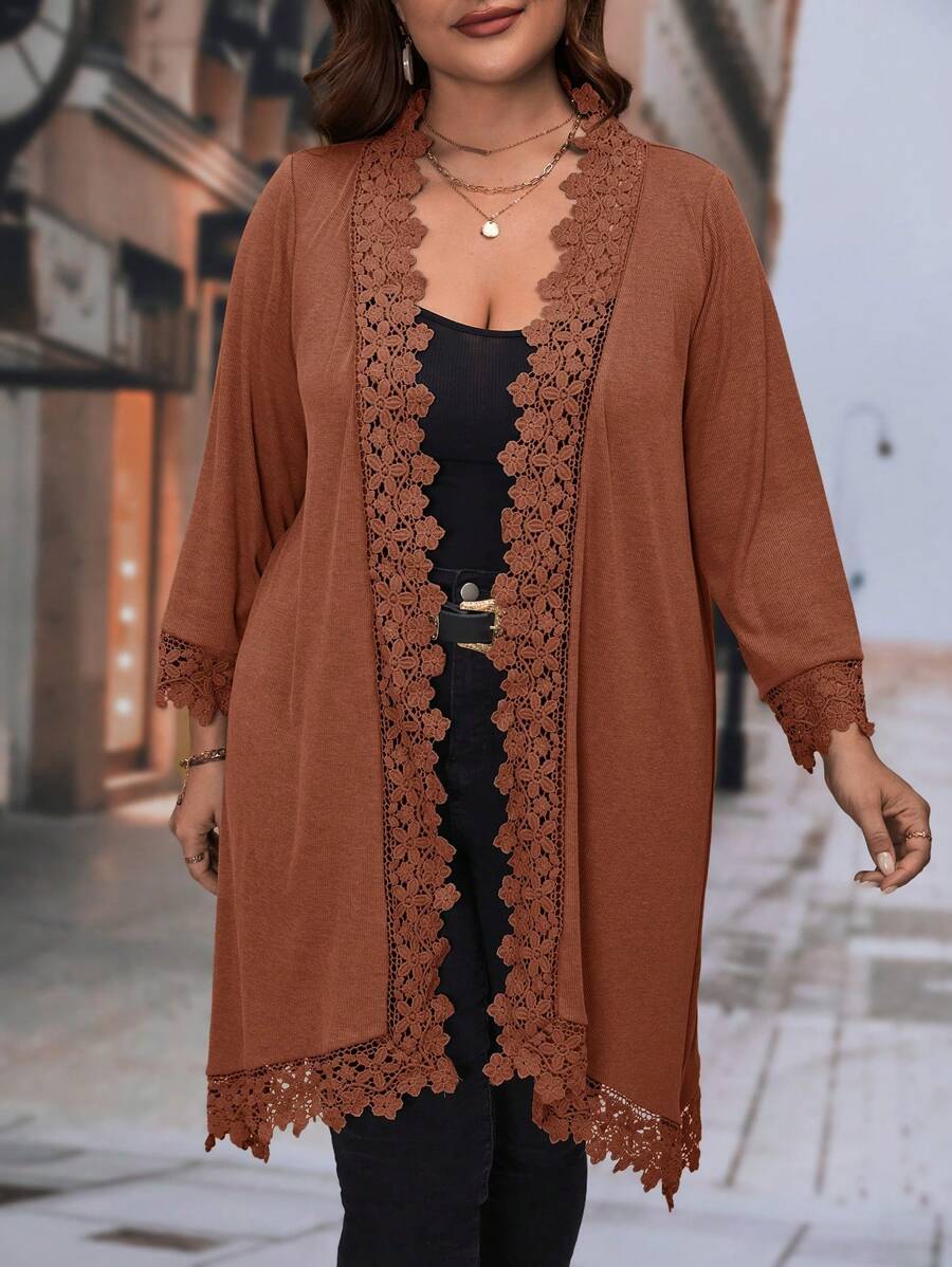 SHEIN LUNE Hơn Đồ trang trí Lace hoa văn Mở Mặt trước áo - màu nâu - Xem 1