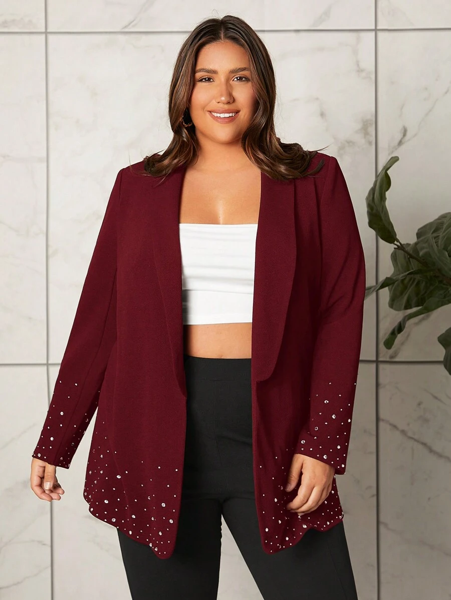 SHEIN Privé Plus Pearls Beaded Shawl Collar Open Front Blazer - Burgundy - View 1