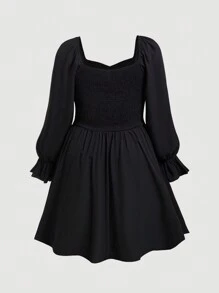 Flirla Hơn In hoa Lace lên phía trước tay áo lá sen Đầm - màu đen - Xem 2