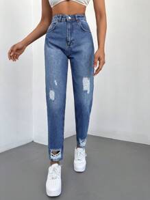 SHEIN Cottnline High Waist Ripped Mom Fit Jeans - 藍色 - 查看 3
