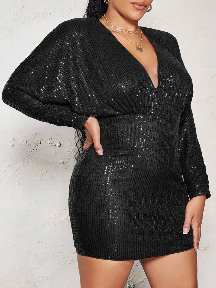 Plus Size Women'S Black Sequined Batwing Sleeve Dress