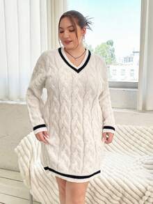 Flirla Hơn Sọc trang trí Thả vai Xoắn Dan Đầm Áo len - Đen và trắng - Xem 4