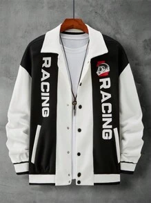 Manfinity LEGND Jaqueta Solta Masculina De Botão Duplo Com Gráfico De Letras Em Duas Cores (sem Camiseta Por Dentro) - Preto e Branco - Ver 4