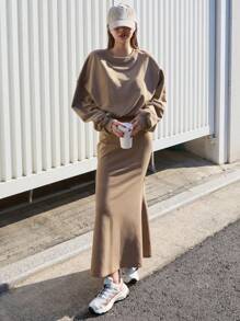 DAZY Drop Shoulder Sweatshirt & Mermaid Hem Skirt - Brown - View 1