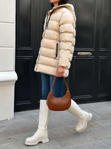 RueChic Zip Up Hooded Puffer Coat - Beige - View 3