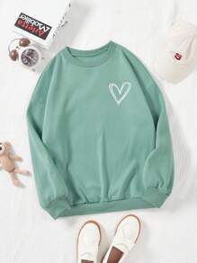 SHEIN EZwear Hơn In Trái tim Lót nhiệt Áo nỉ - màu xanh lá - Xem 1