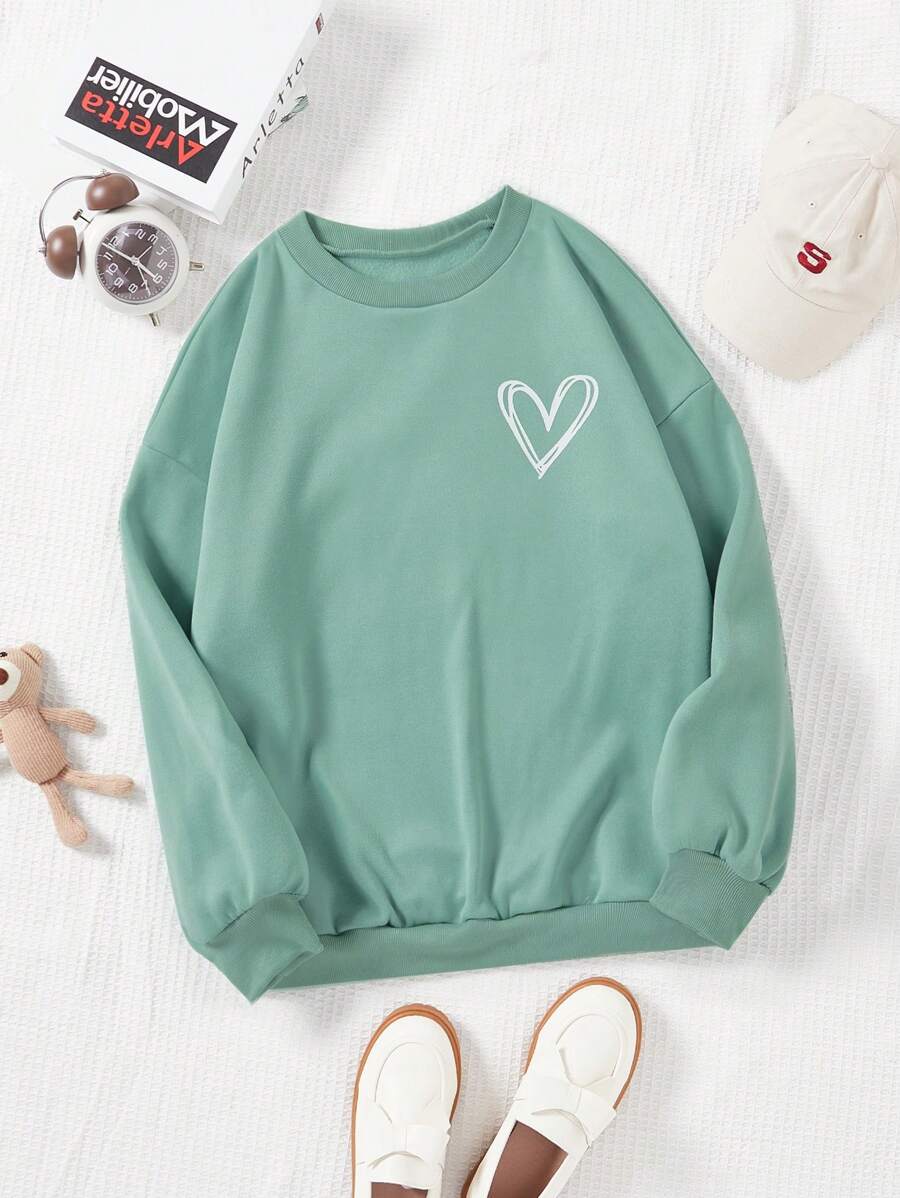 SHEIN EZwear Hơn In Trái tim Lót nhiệt Áo nỉ - màu xanh lá - Xem 1