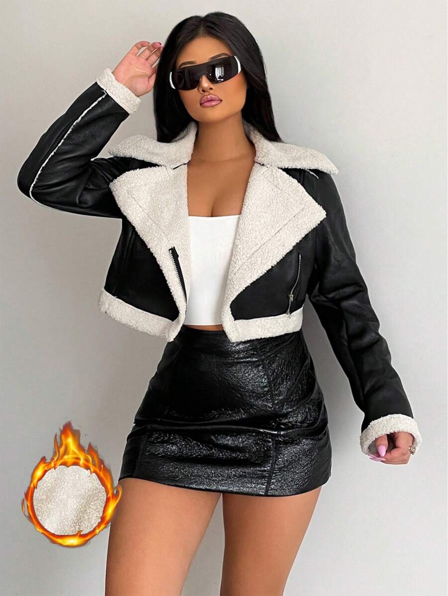 Zolique 毛絨內襯PU皮革機車夾克 - 黑色 - 查看 1