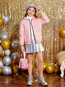 SHEIN Tween Girl' 激光面料心形拼布连帽短款棉服外套 - 粉色 - 查看 5