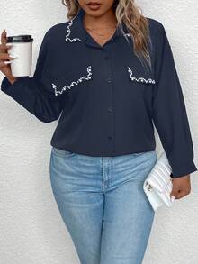 SHEIN Clasi 大碼珍珠串珠落肩袖襯衫 - 藏蓝色 - 查看 3