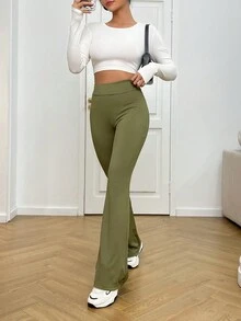 SHEIN EZwear High Waist Flare Leg Pants - Green - View 5
