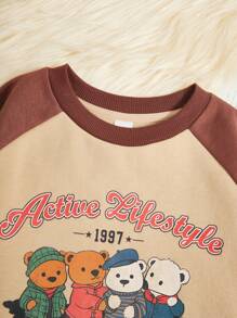 Tween Girl Cartoon & Letter Graphic Raglan Sleeve Thermal Lined Sweatshirt - Apricot - View 4