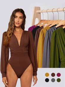 BizChic Body de cuello profundo de manga farol fruncido - Marrón Chocolate - Ver 1