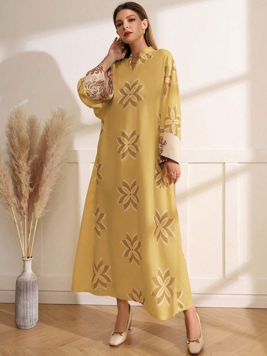 Al Najma Vestido De Manga Larga Con Cuello En V Y Estampado Floral Para Mujer - Amarillo - Ver 1