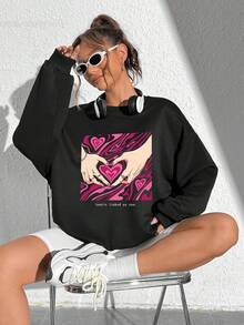 SHEIN Qutie Đồ họa trái tim & khẩu hiệu Thả vai Áo nỉ - màu đen - Xem 4