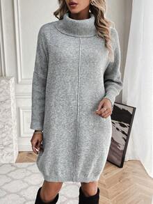 SHEIN Essnce Turtleneck Drop Shoulder Sweater Dress Without Belt - Grey - View 6