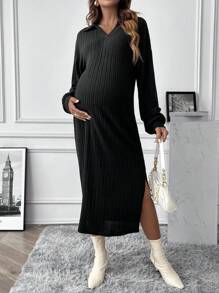 SHEIN 孕婦高衩燈籠袖條紋針織洋裝 - 黑色 - 查看 1