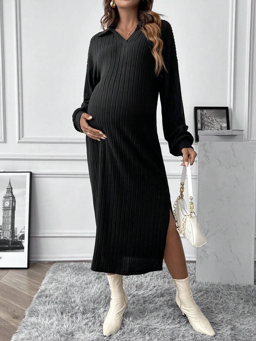 SHEIN 孕婦高衩燈籠袖條紋針織洋裝 - 黑色 - 查看 1
