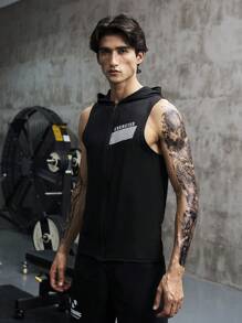 Manfinity Sport Corelite 男式字母图案拉链连帽运动夹克健身上衣运动夹克 - 黑色 - 查看 5
