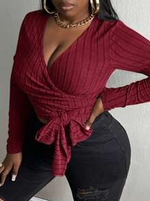 Slaydiva Plus Surplice Neck Knot Side Crop Tee - Red - View 5