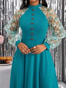 SHEIN Lady 印花網紗拼接插肩袖洋裝 - 綠色 - 查看 4