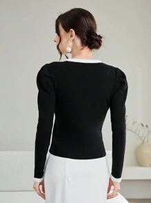 Modelyn 撞色滚边羊腿袖针织套头衫秋冬毛衣 - 黑色 - 查看 2