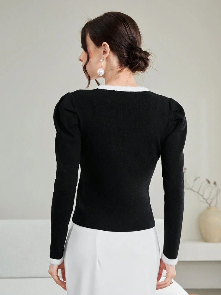 Contrast Trim Gigot Sleeve Knit Pullover Fall Winter Sweater