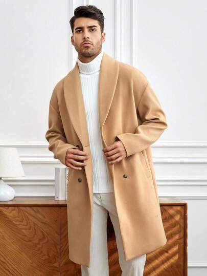 Mainfolk Loose Fit Men's Shawl Collar Double Breasted Overcoat