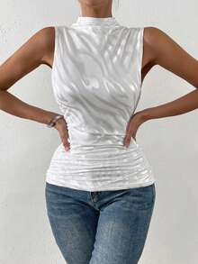 Chiquease Top tank con estampado de mármol de cuello alto - Blanco - Ver 5