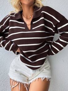 Cloudara Striped Pattern Drop Shoulder Sweater - Brown - View 5