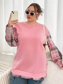 Flirla Hơn Kẻ sọc tương phản In Thả vai Áo nỉ - Hồng - Xem 6