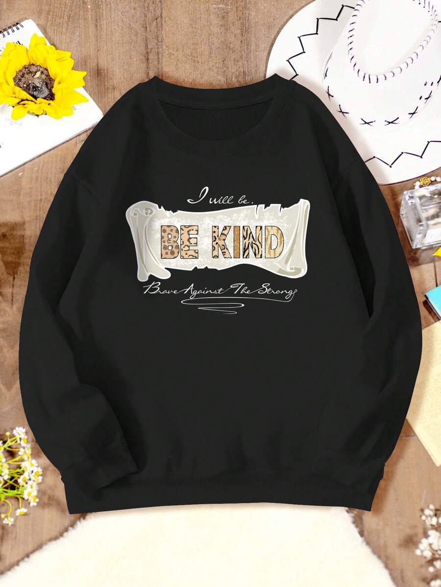 SHEIN EZwear Đồ họa Khẩu hiệu Lót nhiệt Áo nỉ - màu đen - Xem 1