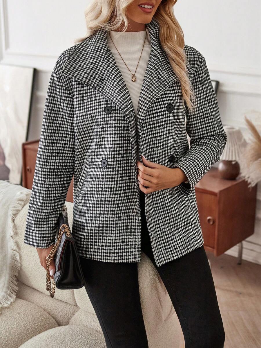 Aveloria Houndstooth Print Double Breasted Coat Fall Cloth For Women - Multicolor - View 1