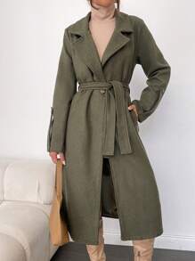 EURMUSE Lapel Neck Double Button Belted Overcoat - Khaki - View 1